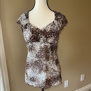 George Blouse Fitted Cap Sleeve Brown White Leopard Animal Print Tie Back Women